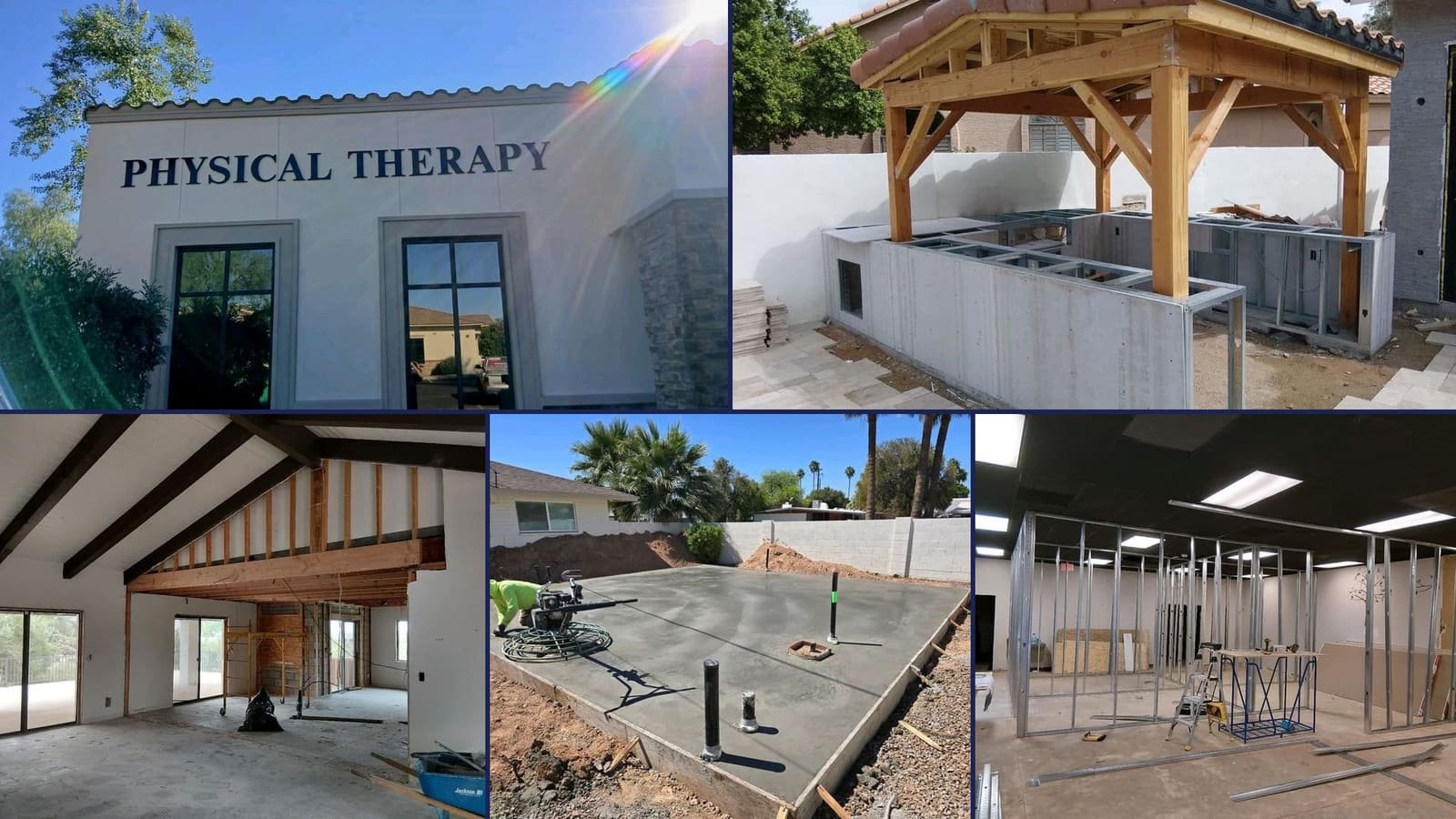 All American Builders projects: physical therapy office, backyard pergola and outdoor kitchen, vaulted interior remodel, concrete slab pour, salon framing